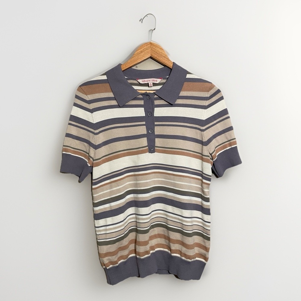 Willow Drive Striped Knit Polo Top Women's XL Short Sleeve Button Lightweight